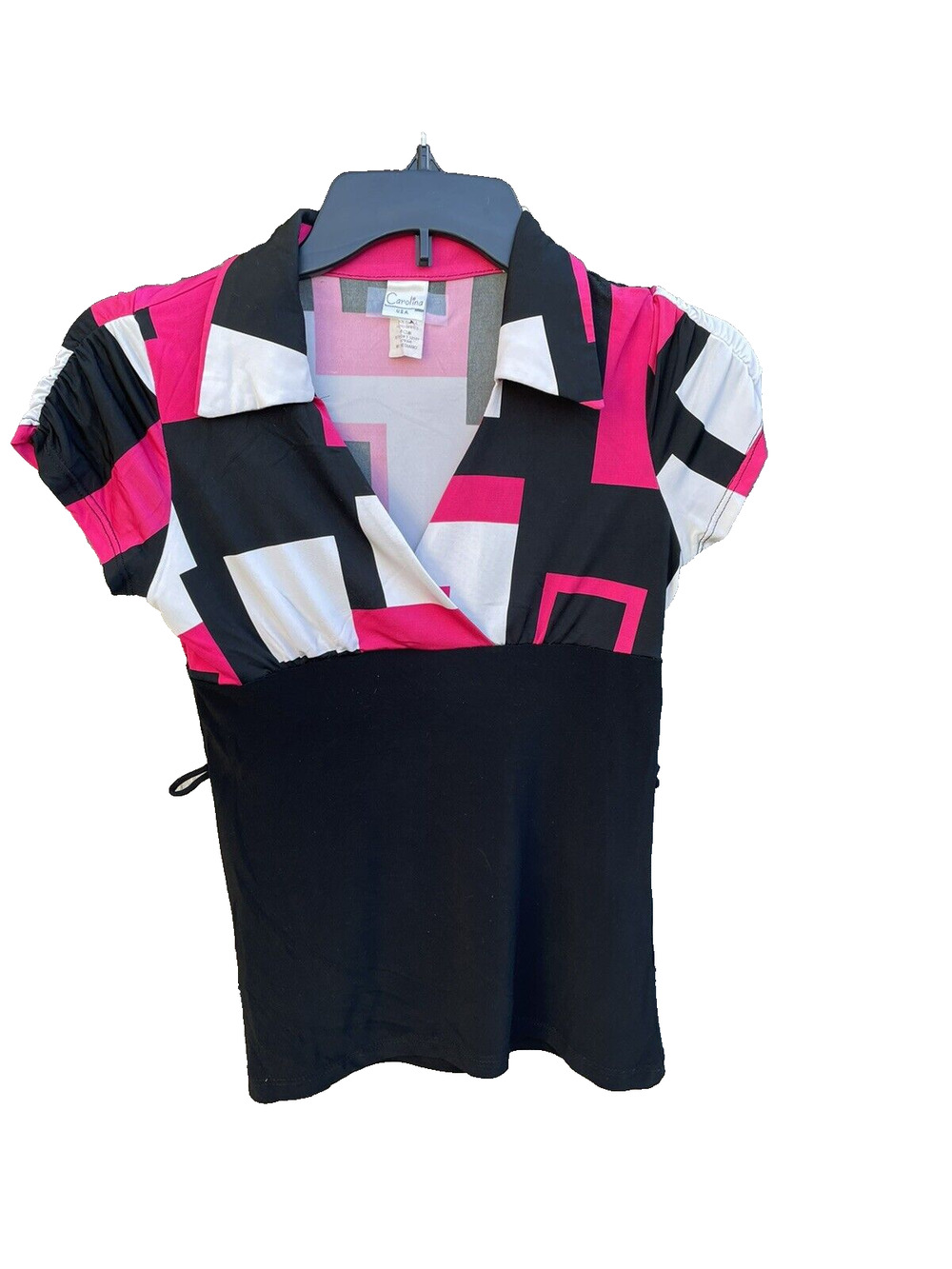 VTG Carolina USA White/Black/Pink Geometric Colorblock S/S Top Retro Boho M